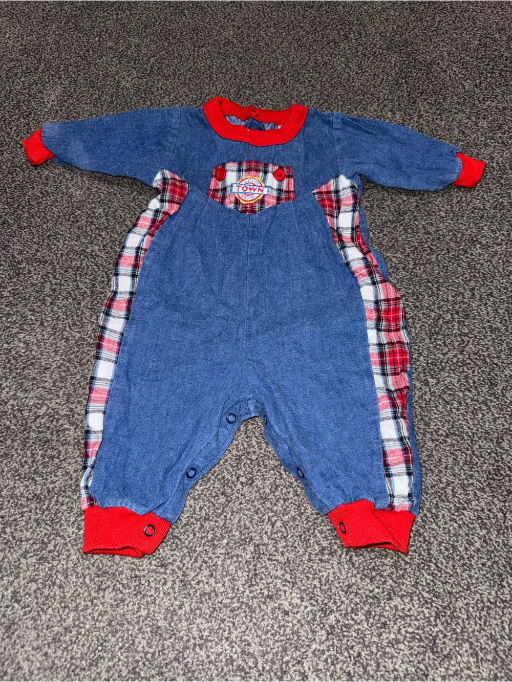Vintage Buster Brown Baby One Piece Romper 3-6 Months Plaid Denim Outfit